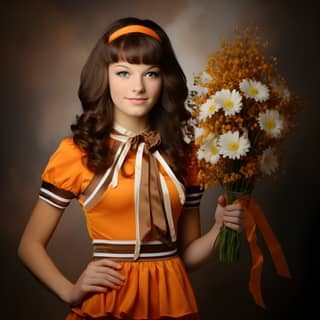 A girl in an orange dress holding a bouquet of flowers.