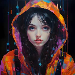 A girl in an orange hoodie and colorful jacket with a hood.