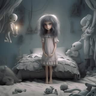 A girl in a bed surrounded by dolls, standing in a room with stuffed animals.