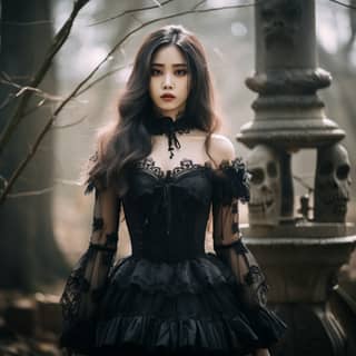 Seorang gadis dalam gaun gothic hitam berdiri di hutan dengan latar belakang gelap.