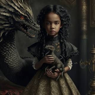 A girl in a dress holding a dragon and a frog.