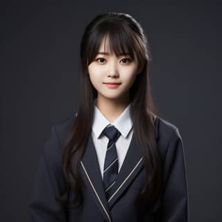 girl with long black hair in a dark blue school uniform and a suit posing for a picture