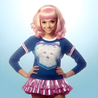 A girl with pink hair and a blue shirt, with a bear on it, from the movie.