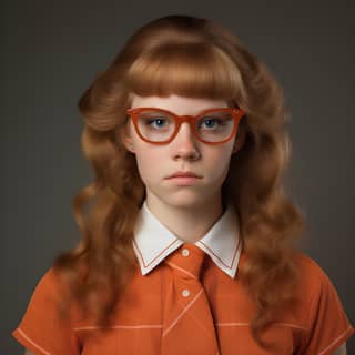 A girl with red hair and glasses posing for a picture with a tie.