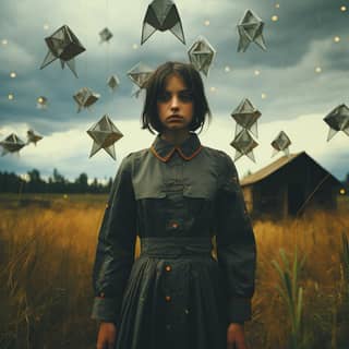 Seorang gadis berdiri di sebuah ladang yang dikelilingi oleh bintang kertas dan pesawat terbang.