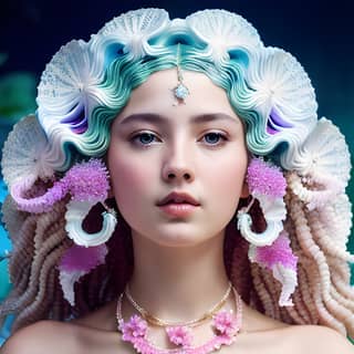 一个女孩戴着美人鱼头饰和花冠，头发和衣服都非常漂亮。