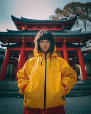 Uma menina usando um sobretudo amarelo fica em frente a uma pagoda vermelha, prédio e portão.