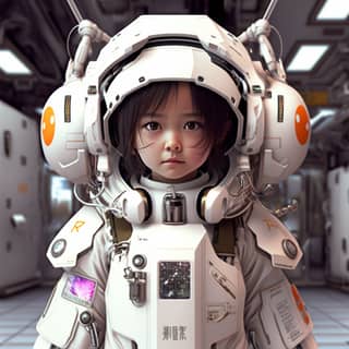 A little girl in an astronaut suit wearing a helmet and space suit.