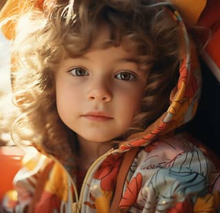 A little girl with curly hair wearing a colorful jacket and hat.