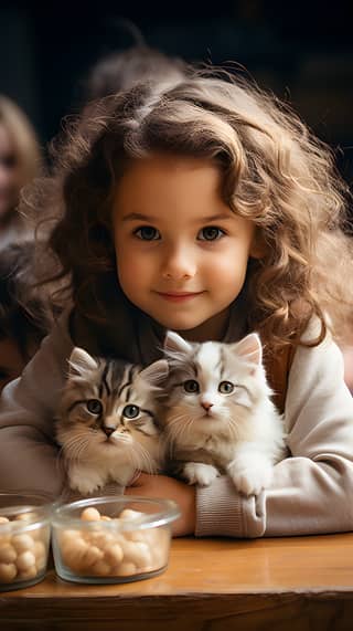 A little girl holding two cats on her lap.