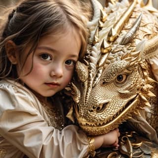 A little girl is hugging a golden dragon statue.