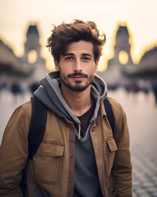 A man with a backpack is standing in a city square.