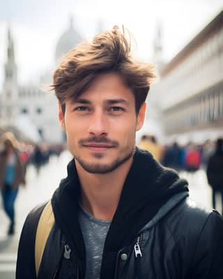 Um homem de barba usando uma jaqueta preta está em uma rua lotada.