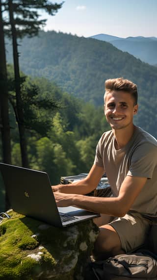 Ein Mann sitzt auf einem Felsen mit einem Laptop auf dem Schoß und an einem Tisch mit einem Laptop.