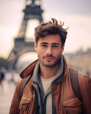 A man in a leather jacket is standing in front of the Eiffel Tower.
