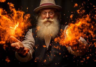 A man with a long white beard and a hat holds fire.