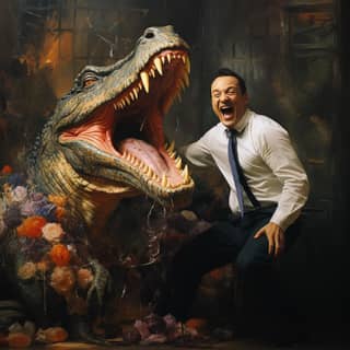 A man in a suit holding a fake crocodile and a large dinosaur.