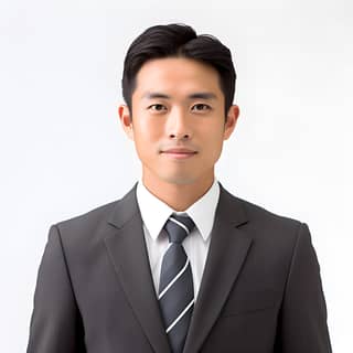 a man in a suit and tie standing in front of a white background