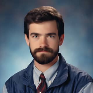 Un homme portant un gilet bleu et une barbe avec une cravate.