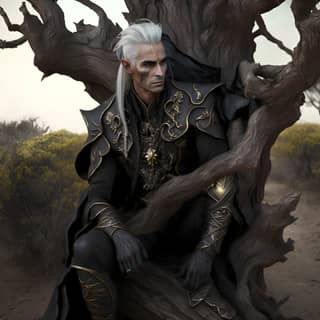 A man with white hair in a black outfit is sitting on a tree trunk.