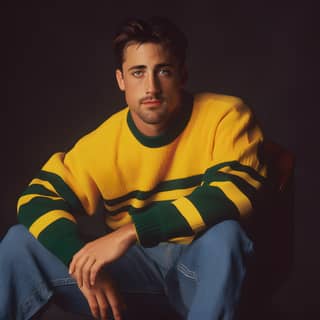 A man in a yellow and green sweater is sitting on a chair.