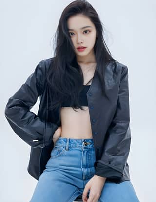 A model and actress wearing jeans and a black jacket.