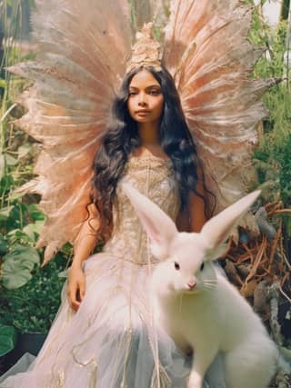 一个穿着仙女装配有翅膀的人坐在一只白色兔子旁边。