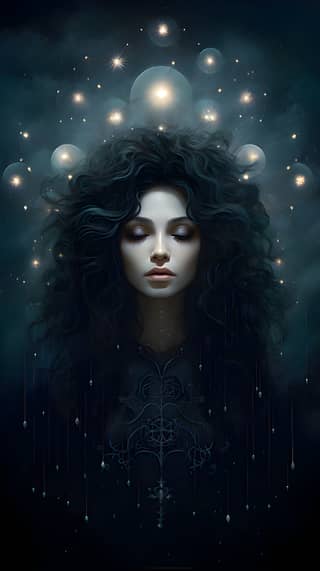 A person with long hair surrounded by stars and a cross in the background.