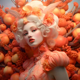 Uma pessoa com cabelo laranja e uma peruca branca está cercada por laranjas.