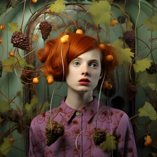 赤い髪の人がブドウの房を持っています。