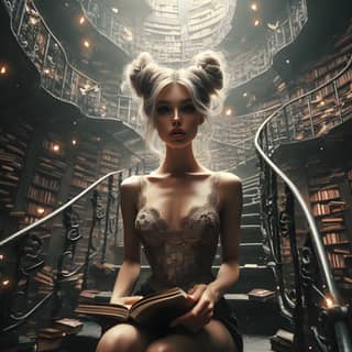 A person sits on a staircase and a chair while reading a book in a futuristic library.