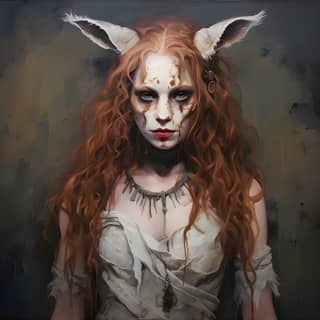 With red hair and a white dress with horns.