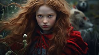 A redhead girl with blue eyes wearing a red cloak stands in a field of flowers.