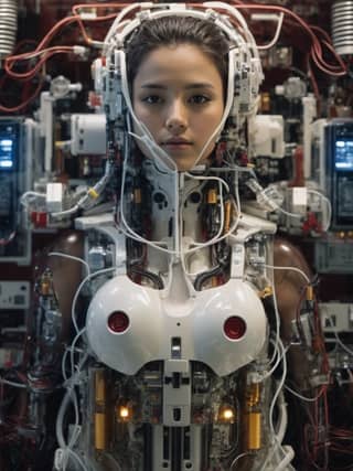 in a robot suit with wires and a robot head.