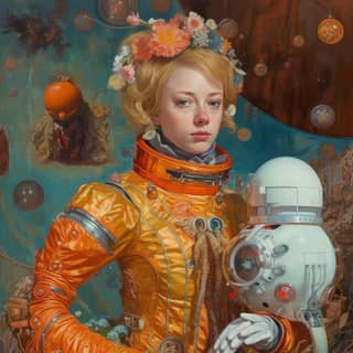 A russian artist known for surreal portraits of women and children, wearing an orange space suit and holding a robot.