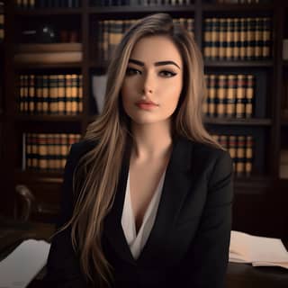 A woman in a black suit sitting at a desk in front of a bookcase.