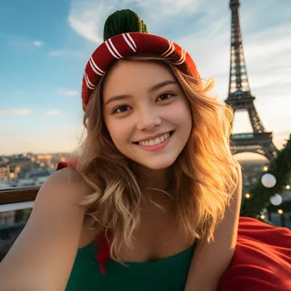 A woman and girl wearing a red hat in front of the Eiffel Tower.