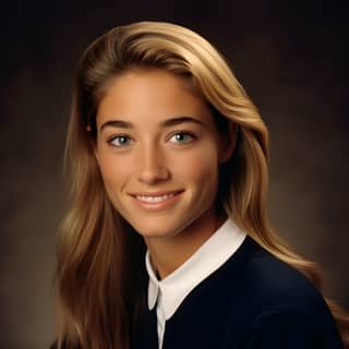 A woman with long blonde hair and blue eyes is smiling.