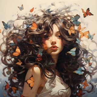 A woman with long hair and butterflies.