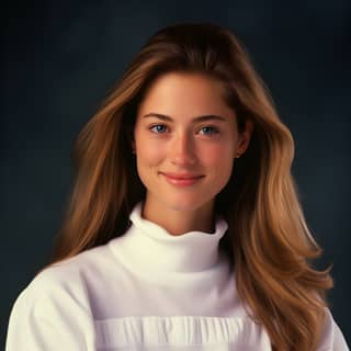 A woman with long hair and a white shirt posing for a picture.