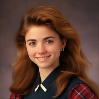 woman with long red hair and a plaid shirt