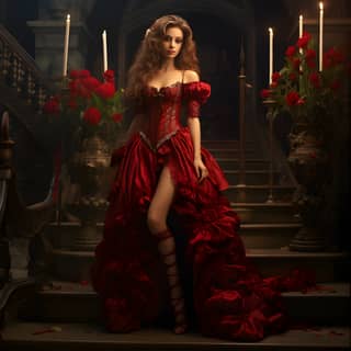 A woman in a red dress standing on stairs.