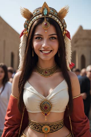 Женщина в древнем костюме с короной и драгоценностями, воспринимаемая как самая красивая девушка в мире.