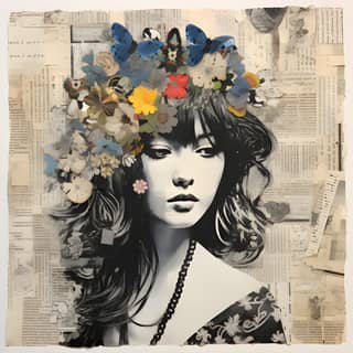 A woman wearing a flower crown while leaning against a newspaper, captured in 2017.