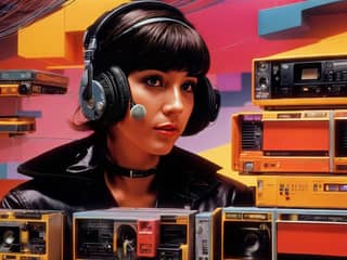 Una mujer con auriculares está parada frente a una pared de equipos de radio antiguos y cámaras.