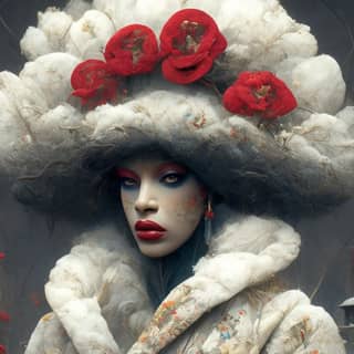 Una donna indossa un grande cappotto di pelliccia e un cappello decorato con fiori rossi.