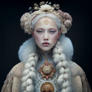 Une femme aux cheveux blancs et à la couronne est représentée dans une robe blanche et de la fourrure, évoquant la beauté d'un conte de fées russe.