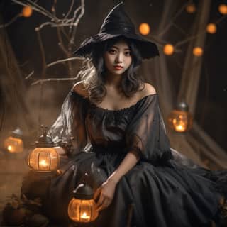 A woman in a witch costume poses with a pumpkin and sits on a pile of pumpkins for a Halloween-themed photo.