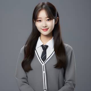 Eine junge koreanische Frau in Schuluniform posiert für ein Foto.