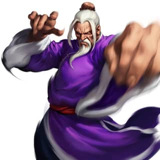 An old man in purple clothing with white hair and a white beard.